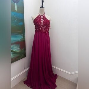 Halter Neck Beaded Evening Gown - Fuchsia